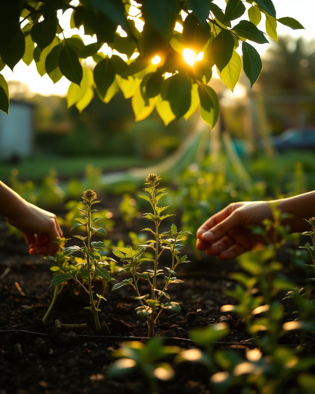 Hands tending young plants in a community garden at sunrise
